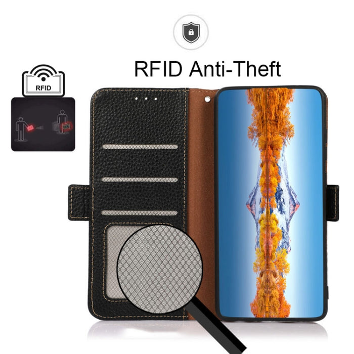 KHAZNEH Side-Magnetic Litchi Genuine Leather RFID Phone Case, For Nokia C20 Plus, For OPPO Realme 9i, For OPPO Reno7 5G / Find X5 Lite, For Xiaomi Redmi Note 11 Pro 5G / 4G Foreign Version, For Xiaomi Redmi Note 11 Pro 5G / 4G                          ...