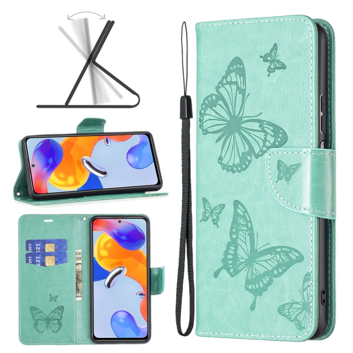 Estuche para teléfono de cuero con dos mariposas en relieve, For Xiaomi Redmi Note 11 Pro International Version