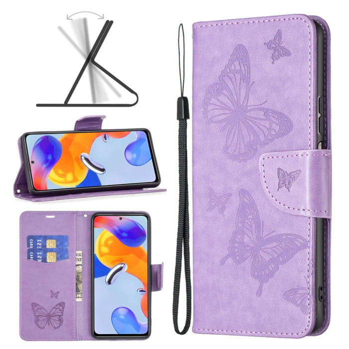 Estuche para teléfono de cuero con dos mariposas en relieve, For Xiaomi Redmi Note 11 Pro International Version