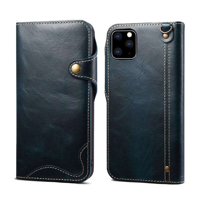 Denior Oil Wax Cuero de vaca Botón magnético Funda de cuero con tapa horizontal con ranuras para tarjetas y billetera