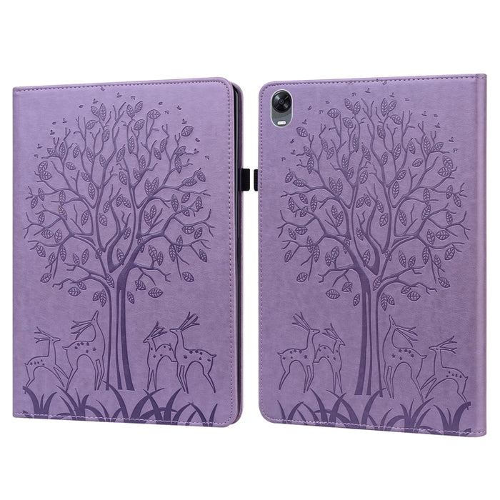 Estuche para tableta de cuero estampado prensado con estampado de árboles y ciervos