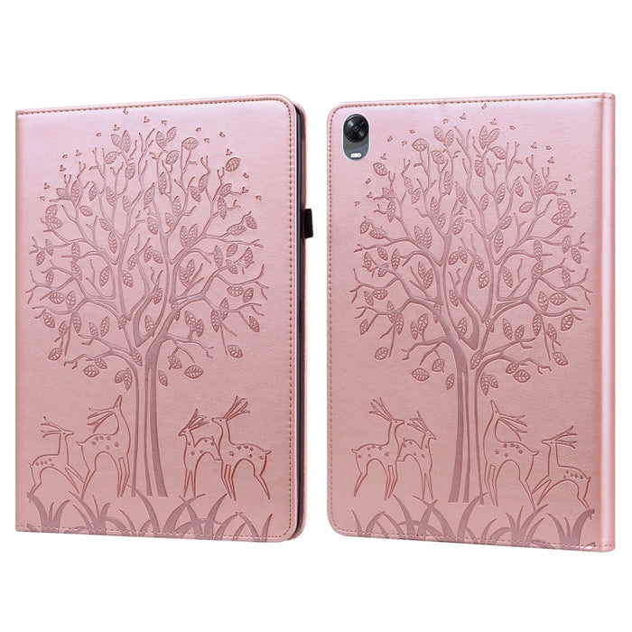 Estuche para tableta de cuero estampado prensado con estampado de árboles y ciervos