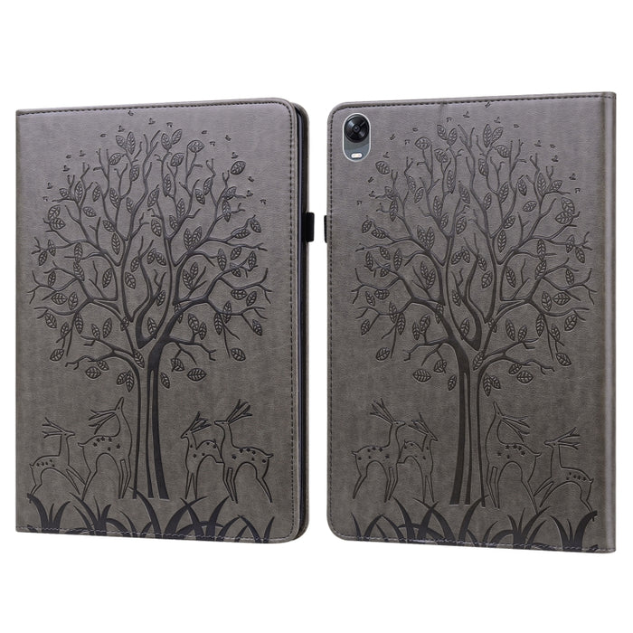 Estuche para tableta de cuero estampado prensado con estampado de árboles y ciervos