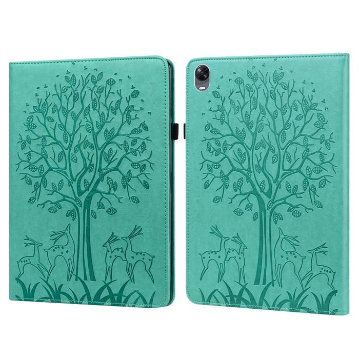 Estuche para tableta de cuero estampado prensado con estampado de árboles y ciervos