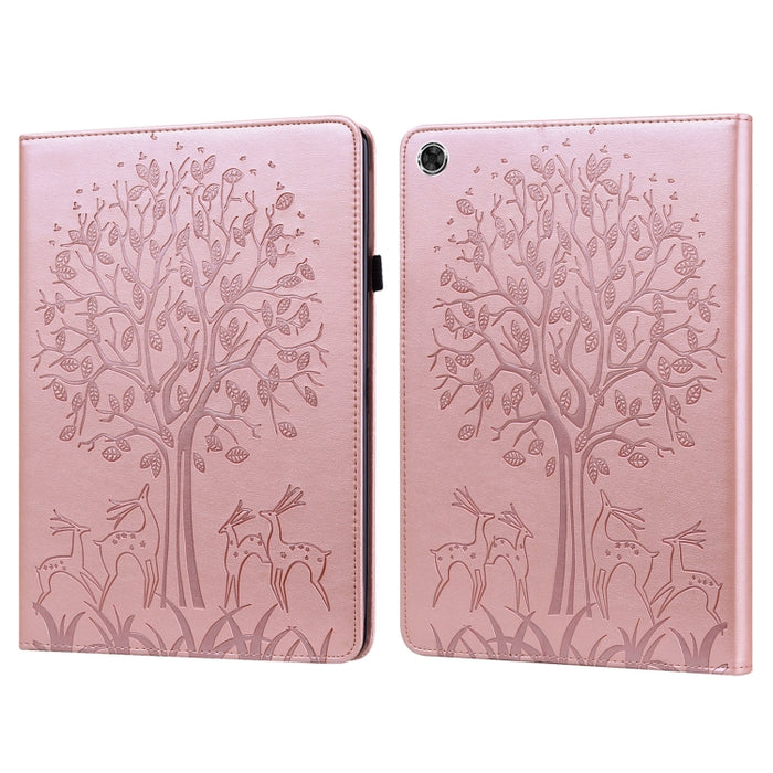 Estuche para tableta de cuero estampado prensado con estampado de árboles y ciervos