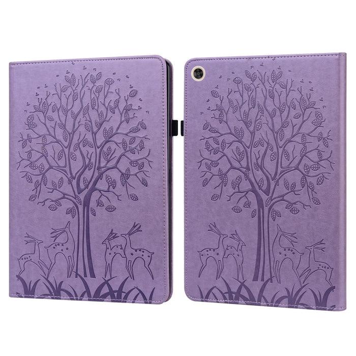 Estuche para tableta de cuero estampado prensado con estampado de árboles y ciervos