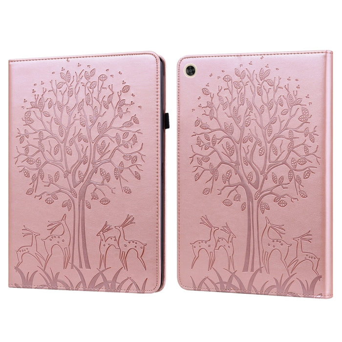 Estuche para tableta de cuero estampado prensado con estampado de árboles y ciervos