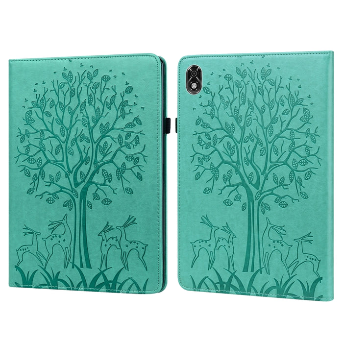 Estuche para tableta de cuero estampado prensado con estampado de árboles y ciervos