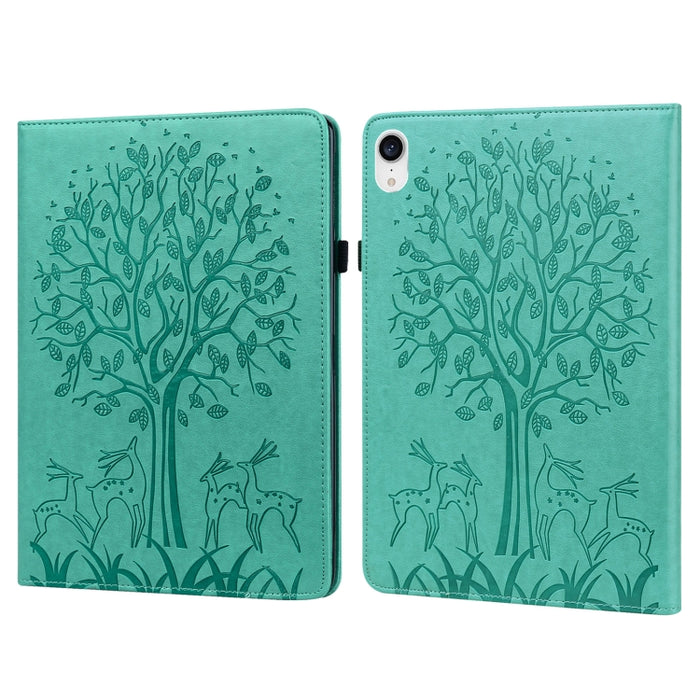 Estuche para tableta de cuero estampado prensado con estampado de árboles y ciervos