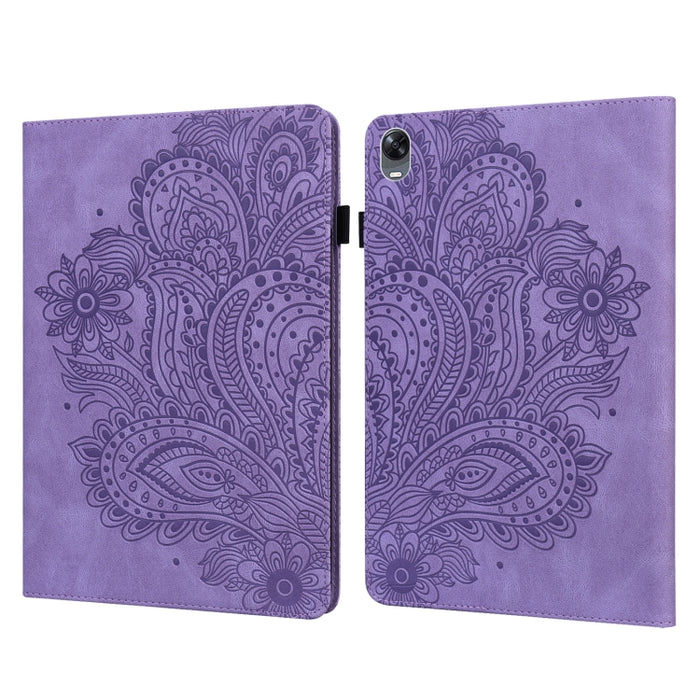 Estuche para tableta de cuero TPU + PU con patrón en relieve de pavo real