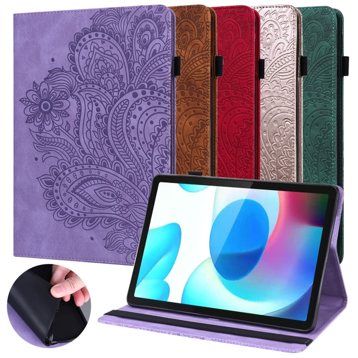 Estuche para tableta de cuero TPU + PU con patrón en relieve de pavo real