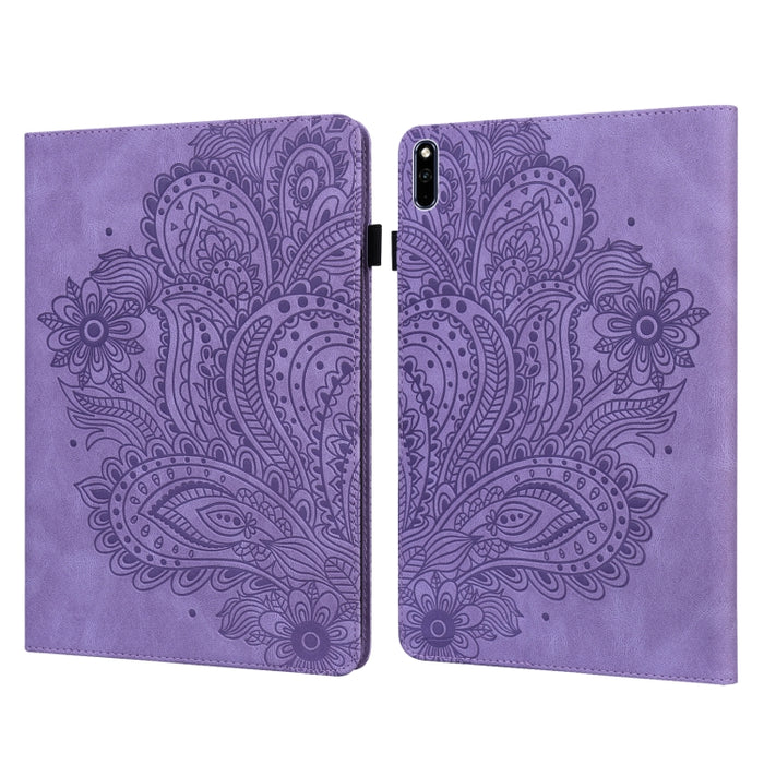Estuche para tableta de cuero TPU + PU con patrón en relieve de pavo real