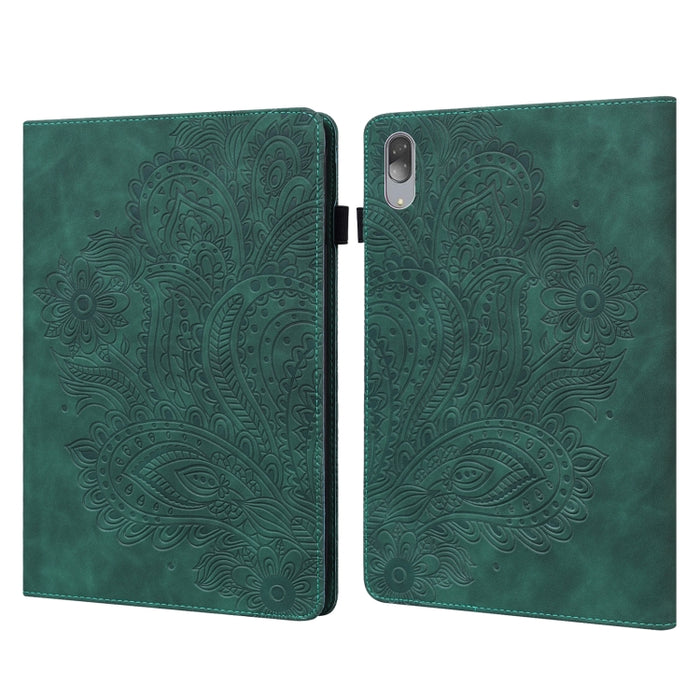 Estuche para tableta de cuero TPU + PU con patrón en relieve de pavo real
