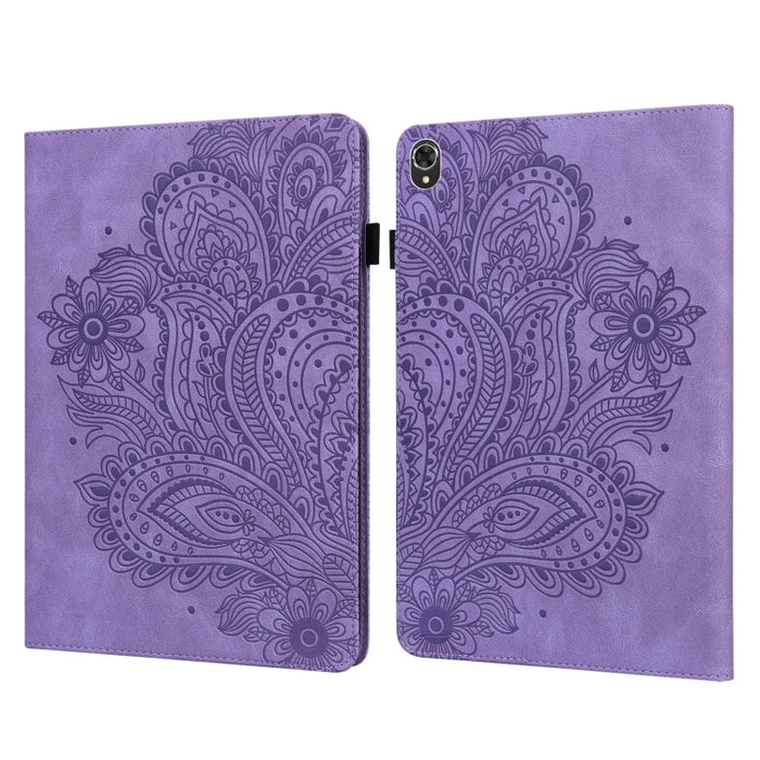 Estuche para tableta de cuero TPU + PU con patrón en relieve de pavo real