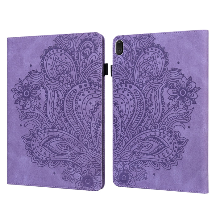 Estuche para tableta de cuero TPU + PU con patrón en relieve de pavo real