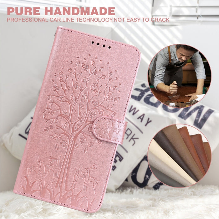 Estuche para teléfono de cuero con tapa horizontal estampado prensado con estampado de árboles y ciervos