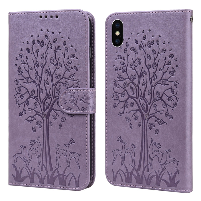 Estuche para teléfono de cuero con tapa horizontal estampado prensado con estampado de árboles y ciervos