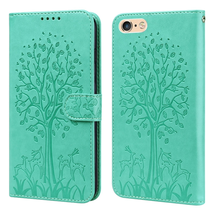 Estuche para teléfono de cuero con tapa horizontal estampado prensado con estampado de árboles y ciervos
