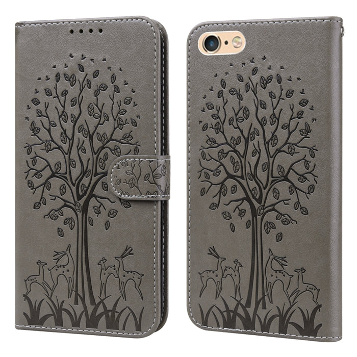 Estuche para teléfono de cuero con tapa horizontal estampado prensado con estampado de árboles y ciervos