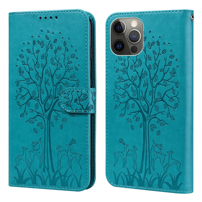 Estuche para teléfono de cuero con tapa horizontal estampado prensado con estampado de árboles y ciervos