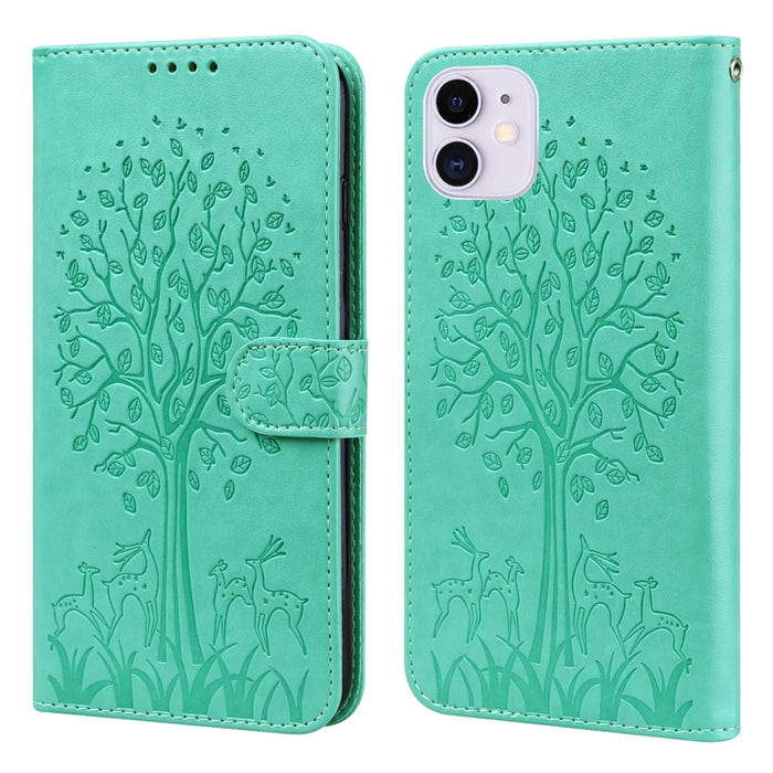 Estuche para teléfono de cuero con tapa horizontal estampado prensado con estampado de árboles y ciervos