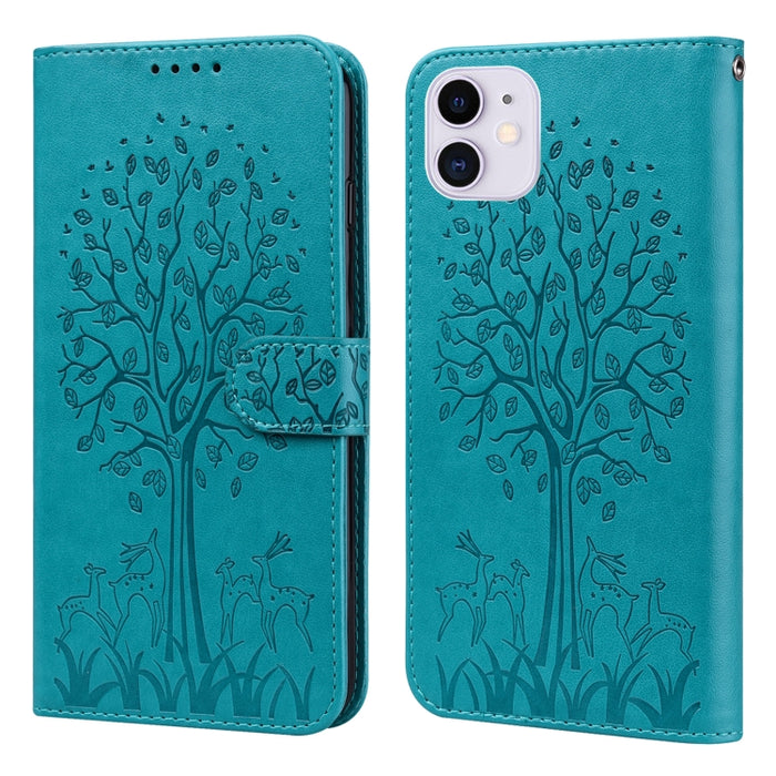 Estuche para teléfono de cuero con tapa horizontal estampado prensado con estampado de árboles y ciervos