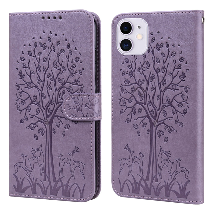 Estuche para teléfono de cuero con tapa horizontal estampado prensado con estampado de árboles y ciervos