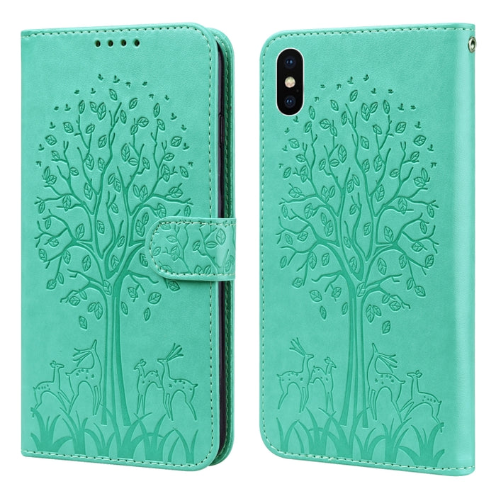 Estuche para teléfono de cuero con tapa horizontal estampado prensado con estampado de árboles y ciervos