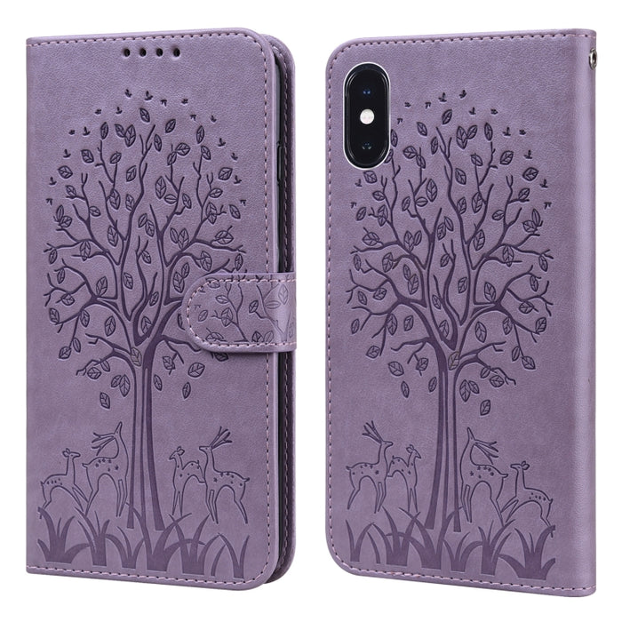 Estuche para teléfono de cuero con tapa horizontal estampado prensado con estampado de árboles y ciervos