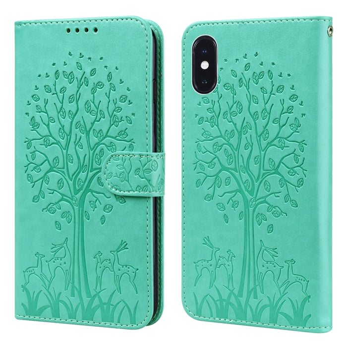 Estuche para teléfono de cuero con tapa horizontal estampado prensado con estampado de árboles y ciervos