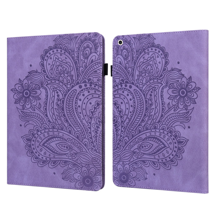 Estuche para tableta inteligente de cuero TPU + PU con patrón en relieve de pavo real con suspensión / activación