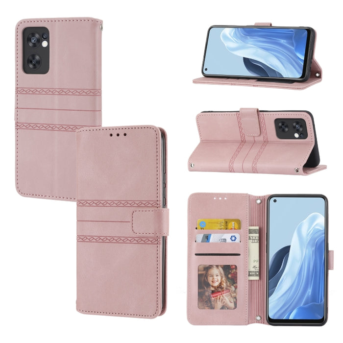 Estuche de cuero para teléfono con tapa horizontal con hebilla magnética a rayas en relieve, For Fujitsu Arrows F-52B, For OPPO A96 5G, For OPPO Reno7 5G, For OPPO Reno7 SE 5G, For OPPO Find X5, For OPPO Find X5 Pro, For OPPO Realme 9 Pro+             ...