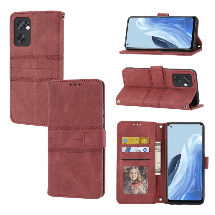 Estuche de cuero para teléfono con tapa horizontal con hebilla magnética a rayas en relieve, For Fujitsu Arrows F-52B, For OPPO A96 5G, For OPPO Reno7 5G, For OPPO Reno7 SE 5G, For OPPO Find X5, For OPPO Find X5 Pro, For OPPO Realme 9 Pro+             ...
