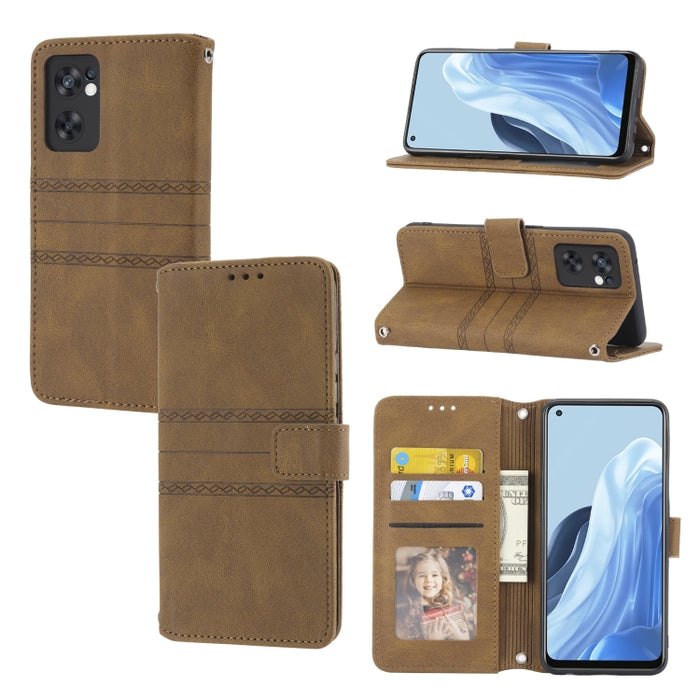 Estuche de cuero para teléfono con tapa horizontal con hebilla magnética a rayas en relieve, For Fujitsu Arrows F-52B, For OPPO A96 5G, For OPPO Reno7 5G, For OPPO Reno7 SE 5G, For OPPO Find X5, For OPPO Find X5 Pro, For OPPO Realme 9 Pro+             ...