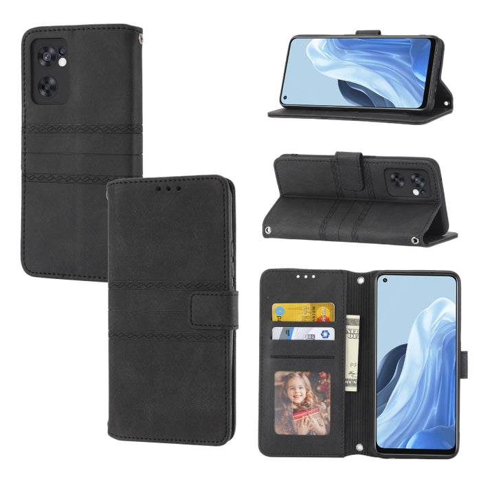 Estuche de cuero para teléfono con tapa horizontal con hebilla magnética a rayas en relieve, For Fujitsu Arrows F-52B, For OPPO A96 5G, For OPPO Reno7 5G, For OPPO Reno7 SE 5G, For OPPO Find X5, For OPPO Find X5 Pro, For OPPO Realme 9 Pro+             ...