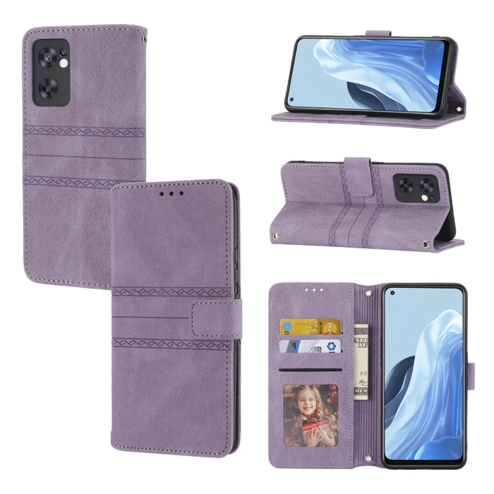 Estuche de cuero para teléfono con tapa horizontal con hebilla magnética a rayas en relieve, For Fujitsu Arrows F-52B, For OPPO A96 5G, For OPPO Reno7 5G, For OPPO Reno7 SE 5G, For OPPO Find X5, For OPPO Find X5 Pro, For OPPO Realme 9 Pro+             ...