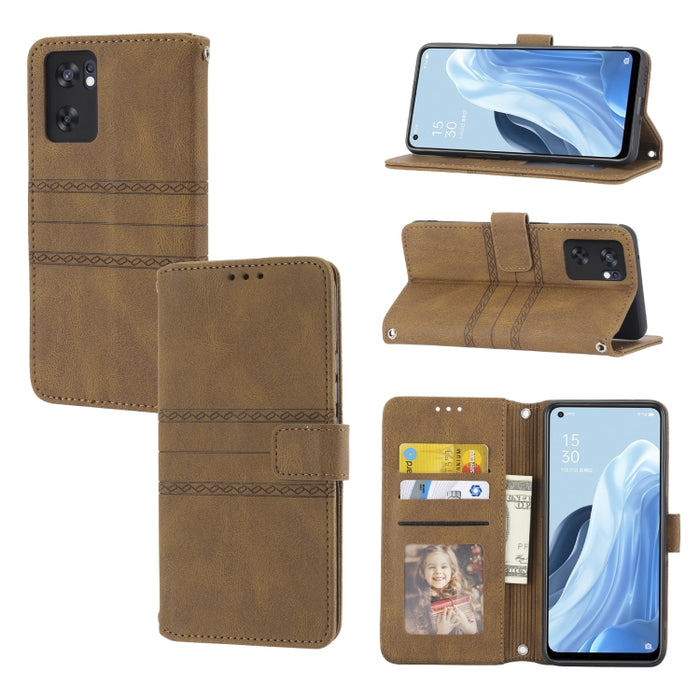 Estuche de cuero para teléfono con tapa horizontal con hebilla magnética a rayas en relieve, For Fujitsu Arrows F-52B, For OPPO A96 5G, For OPPO Reno7 5G, For OPPO Reno7 SE 5G, For OPPO Find X5, For OPPO Find X5 Pro, For OPPO Realme 9 Pro+             ...