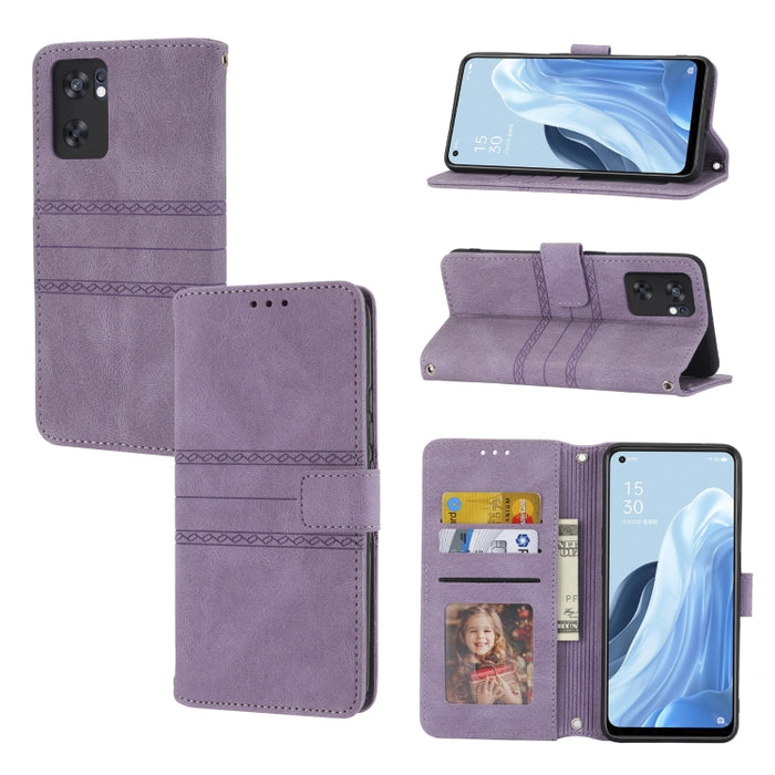 Estuche de cuero para teléfono con tapa horizontal con hebilla magnética a rayas en relieve, For Fujitsu Arrows F-52B, For OPPO A96 5G, For OPPO Reno7 5G, For OPPO Reno7 SE 5G, For OPPO Find X5, For OPPO Find X5 Pro, For OPPO Realme 9 Pro+             ...