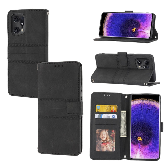 Estuche de cuero para teléfono con tapa horizontal con hebilla magnética a rayas en relieve, For Fujitsu Arrows F-52B, For OPPO A96 5G, For OPPO Reno7 5G, For OPPO Reno7 SE 5G, For OPPO Find X5, For OPPO Find X5 Pro, For OPPO Realme 9 Pro+             ...