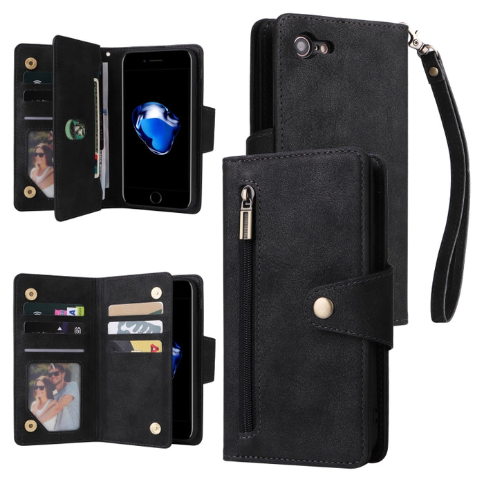 Caja de teléfono de cuero con tres pliegues para 9 tarjetas con hebilla de remache, For iPhone 7/8/SE 2020, For iPhone 7 Plus/8 Plus, For iPhone 11, For iPhone 11 Pro, For iPhone 12, For iPhone 12 mini, For iPhone 12 Pro Max, For iPhone 13 mini        ...