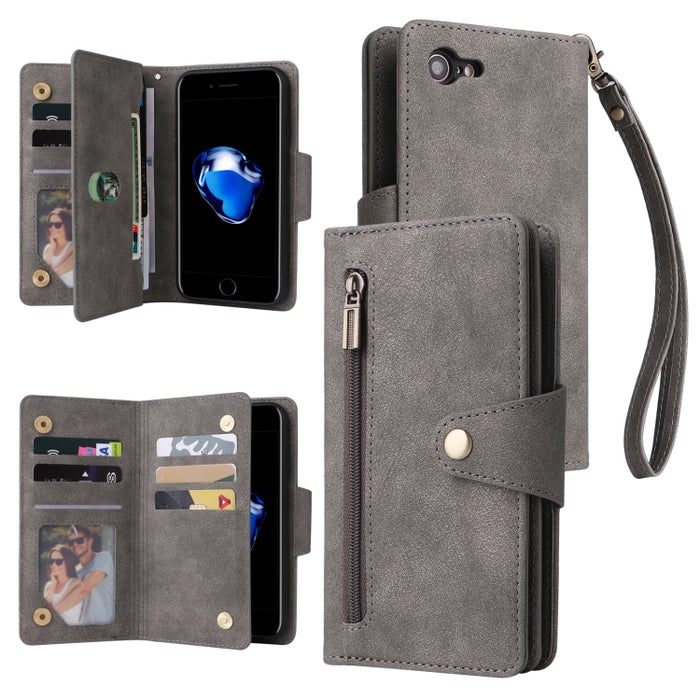 Caja de teléfono de cuero con tres pliegues para 9 tarjetas con hebilla de remache, For iPhone 7/8/SE 2020, For iPhone 7 Plus/8 Plus, For iPhone 11, For iPhone 11 Pro, For iPhone 12, For iPhone 12 mini, For iPhone 12 Pro Max, For iPhone 13 mini        ...