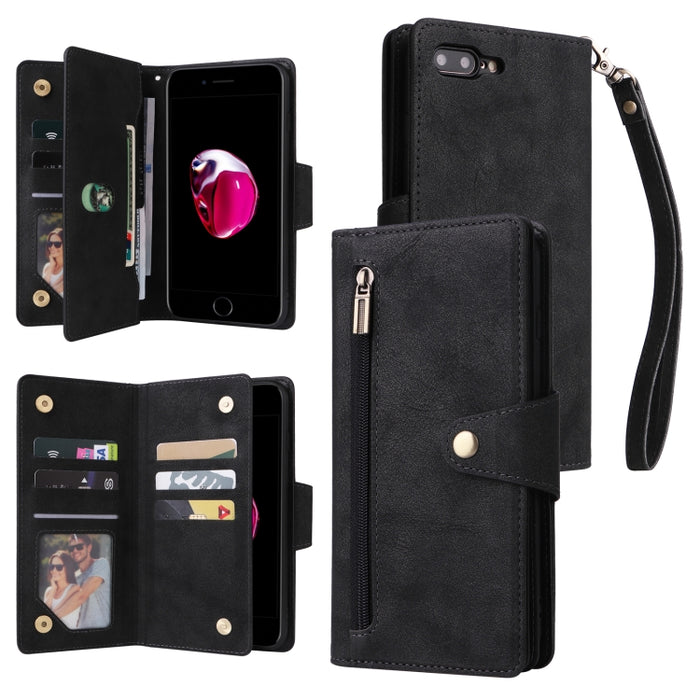 Caja de teléfono de cuero con tres pliegues para 9 tarjetas con hebilla de remache, For iPhone 7/8/SE 2020, For iPhone 7 Plus/8 Plus, For iPhone 11, For iPhone 11 Pro, For iPhone 12, For iPhone 12 mini, For iPhone 12 Pro Max, For iPhone 13 mini        ...