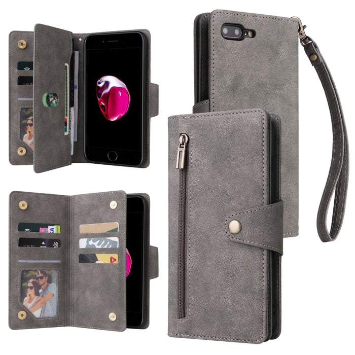 Caja de teléfono de cuero con tres pliegues para 9 tarjetas con hebilla de remache, For iPhone 7/8/SE 2020, For iPhone 7 Plus/8 Plus, For iPhone 11, For iPhone 11 Pro, For iPhone 12, For iPhone 12 mini, For iPhone 12 Pro Max, For iPhone 13 mini        ...