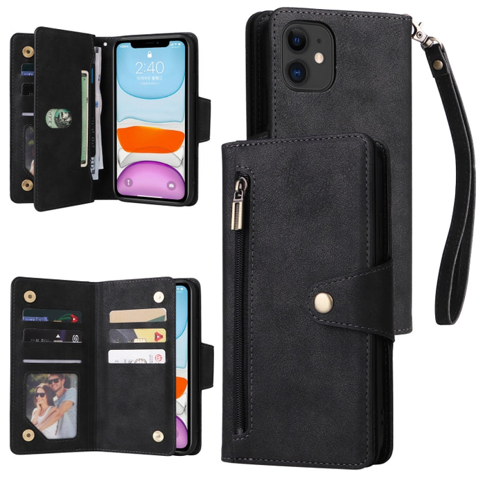 Caja de teléfono de cuero con tres pliegues para 9 tarjetas con hebilla de remache, For iPhone 7/8/SE 2020, For iPhone 7 Plus/8 Plus, For iPhone 11, For iPhone 11 Pro, For iPhone 12, For iPhone 12 mini, For iPhone 12 Pro Max, For iPhone 13 mini        ...