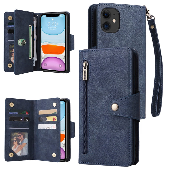 Caja de teléfono de cuero con tres pliegues para 9 tarjetas con hebilla de remache, For iPhone 7/8/SE 2020, For iPhone 7 Plus/8 Plus, For iPhone 11, For iPhone 11 Pro, For iPhone 12, For iPhone 12 mini, For iPhone 12 Pro Max, For iPhone 13 mini        ...