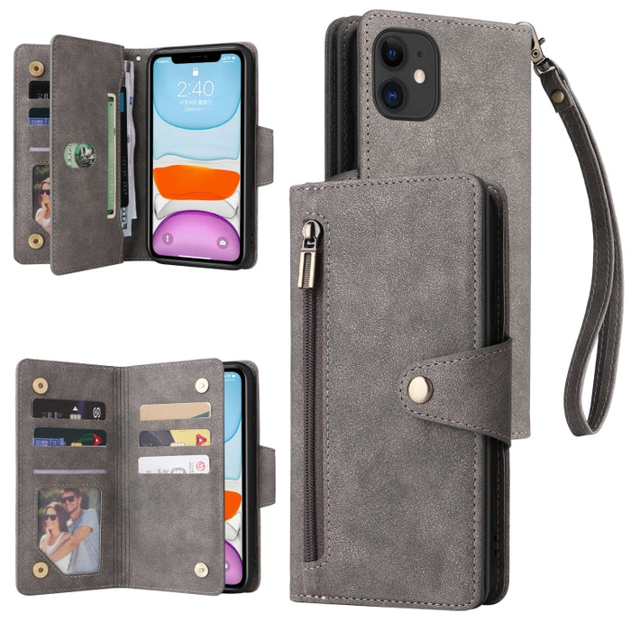 Caja de teléfono de cuero con tres pliegues para 9 tarjetas con hebilla de remache, For iPhone 7/8/SE 2020, For iPhone 7 Plus/8 Plus, For iPhone 11, For iPhone 11 Pro, For iPhone 12, For iPhone 12 mini, For iPhone 12 Pro Max, For iPhone 13 mini        ...