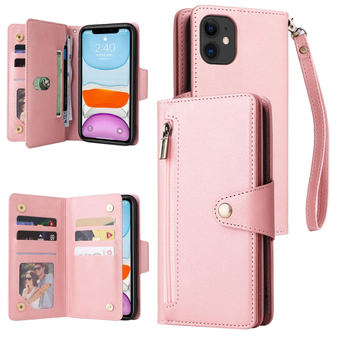 Caja de teléfono de cuero con tres pliegues para 9 tarjetas con hebilla de remache, For iPhone 7/8/SE 2020, For iPhone 7 Plus/8 Plus, For iPhone 11, For iPhone 11 Pro, For iPhone 12, For iPhone 12 mini, For iPhone 12 Pro Max, For iPhone 13 mini        ...