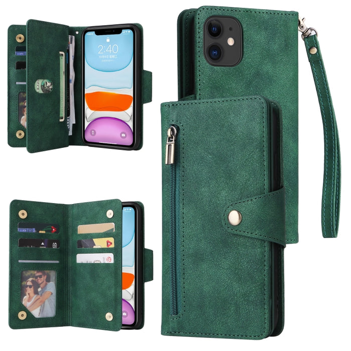 Caja de teléfono de cuero con tres pliegues para 9 tarjetas con hebilla de remache, For iPhone 7/8/SE 2020, For iPhone 7 Plus/8 Plus, For iPhone 11, For iPhone 11 Pro, For iPhone 12, For iPhone 12 mini, For iPhone 12 Pro Max, For iPhone 13 mini        ...