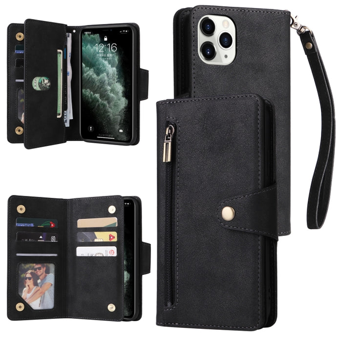 Caja de teléfono de cuero con tres pliegues para 9 tarjetas con hebilla de remache, For iPhone 7/8/SE 2020, For iPhone 7 Plus/8 Plus, For iPhone 11, For iPhone 11 Pro, For iPhone 12, For iPhone 12 mini, For iPhone 12 Pro Max, For iPhone 13 mini        ...