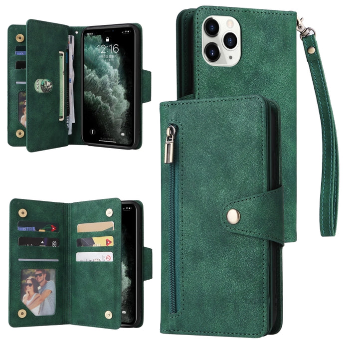 Caja de teléfono de cuero con tres pliegues para 9 tarjetas con hebilla de remache, For iPhone 7/8/SE 2020, For iPhone 7 Plus/8 Plus, For iPhone 11, For iPhone 11 Pro, For iPhone 12, For iPhone 12 mini, For iPhone 12 Pro Max, For iPhone 13 mini        ...